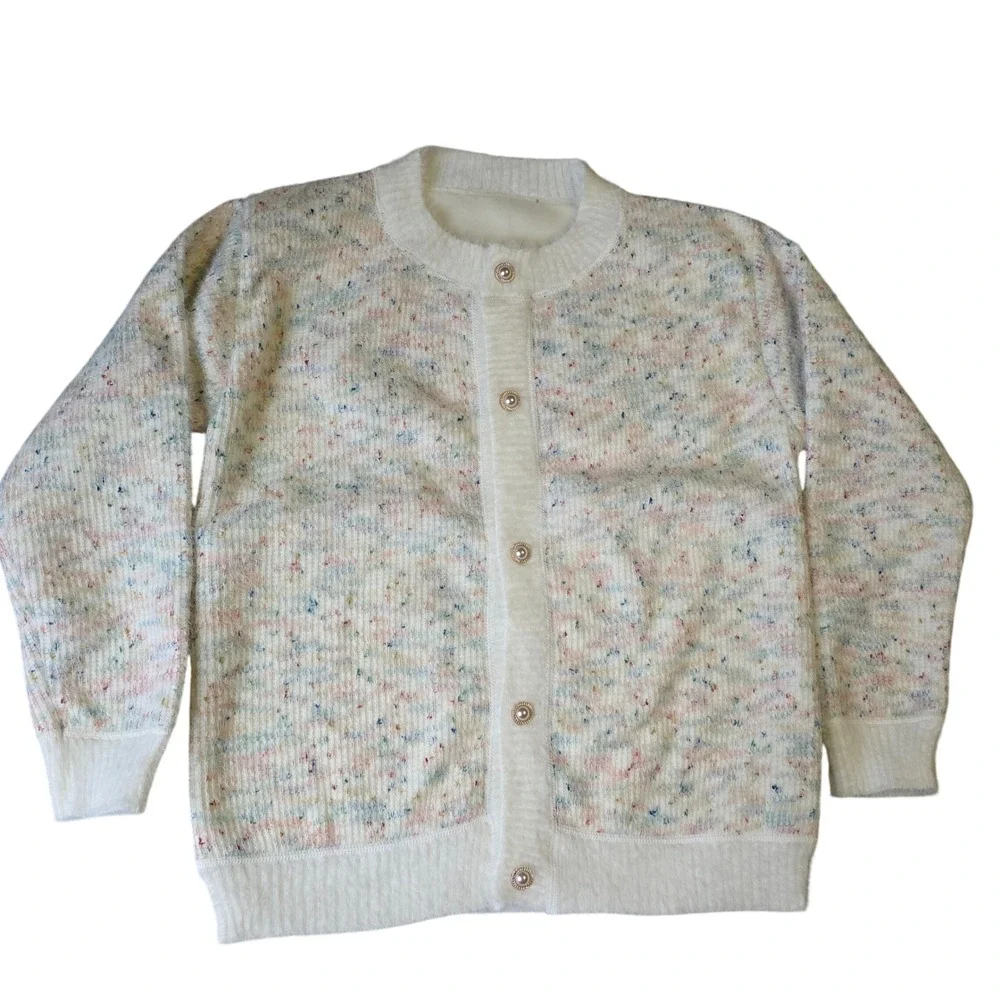 Cream Speckled Knit‎ Button Up Cardigan Pearl Buttons Cozy Academia